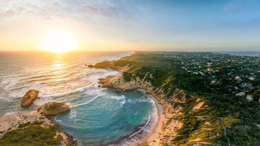 Sunrise aerial view of Mornington Peninsula coastline and bay