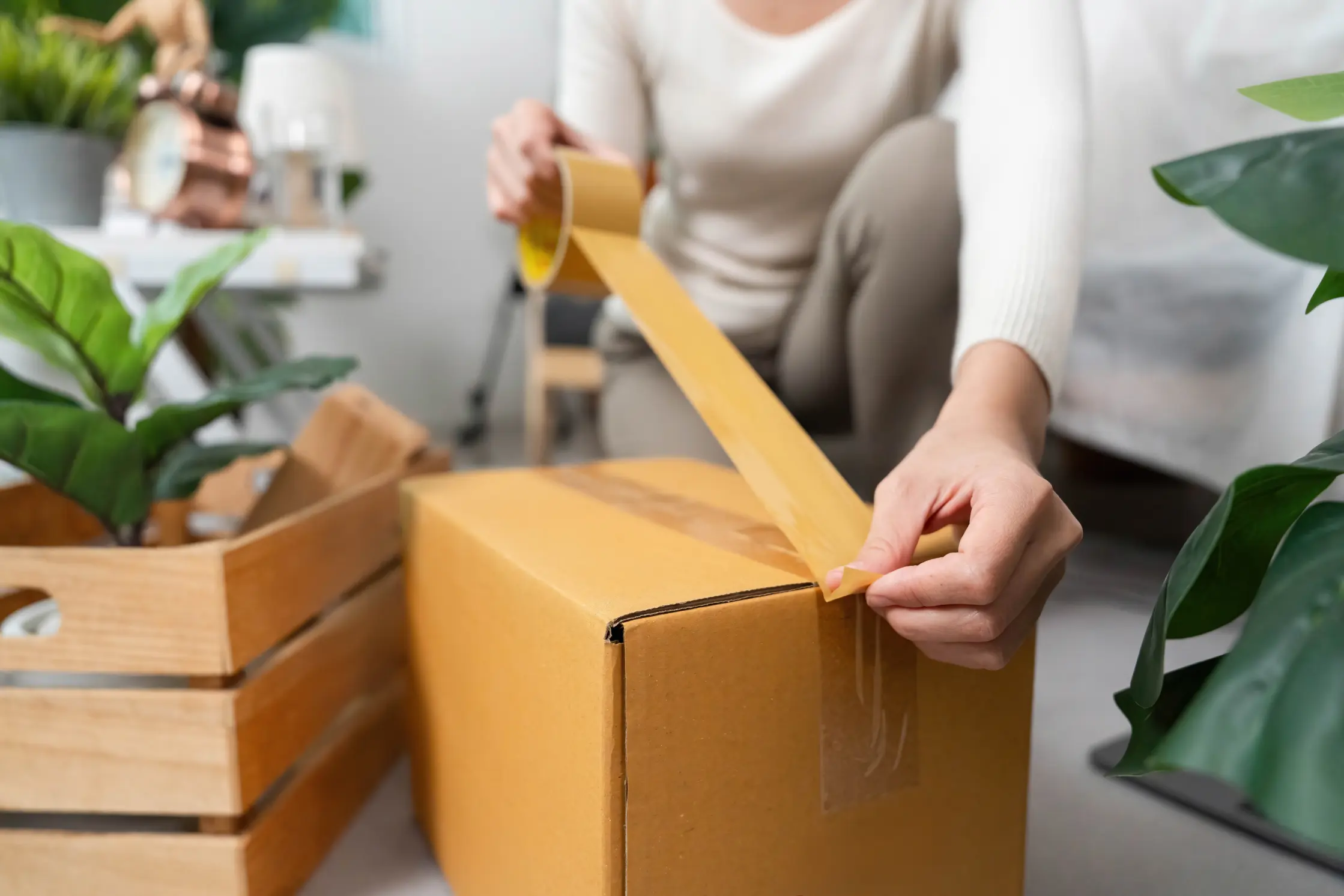Couple packing moving boxes in a modern living room with open door and stacked cardboard boxes near entryway