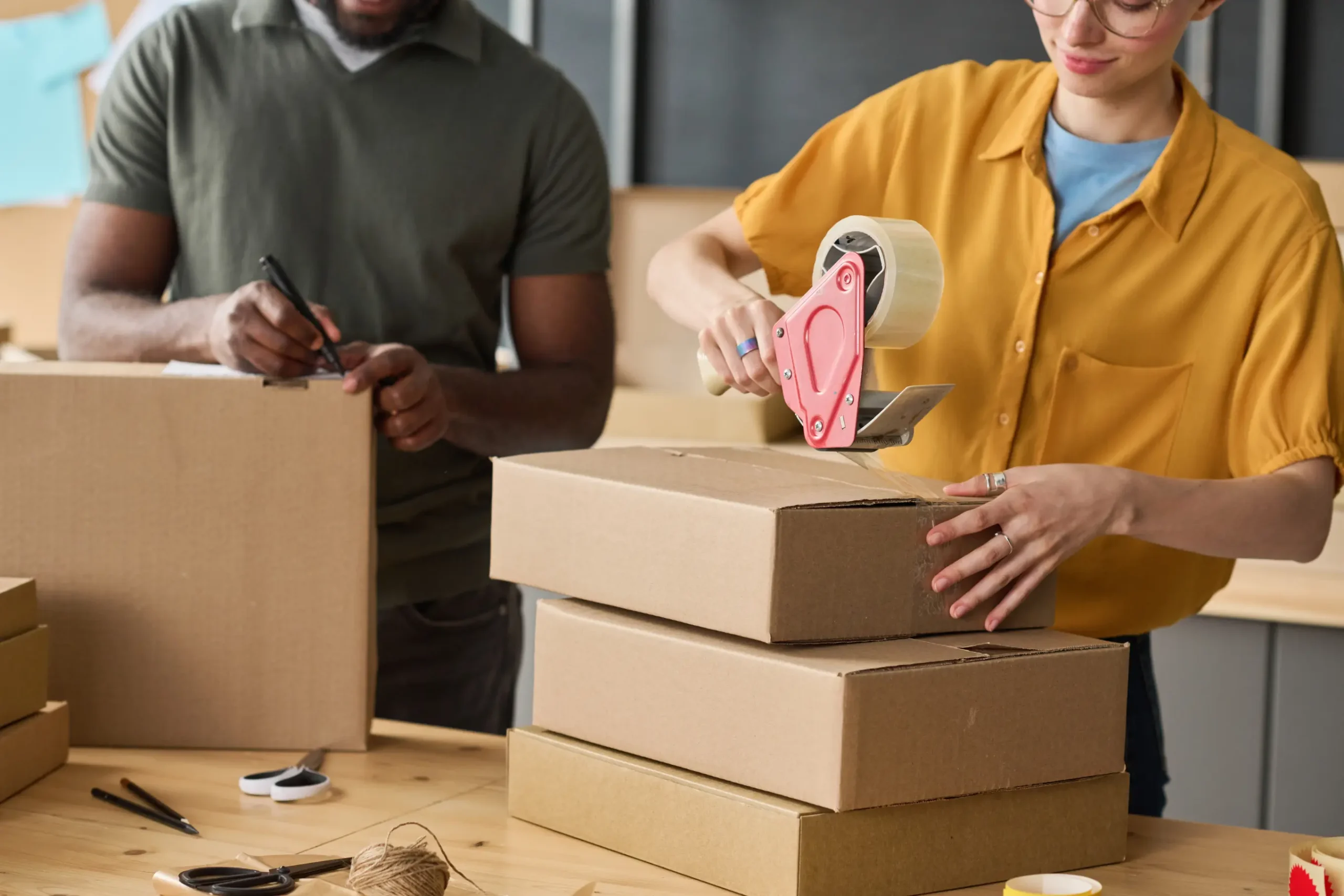 Couple packing moving boxes in a modern living room with open door and stacked cardboard boxes near entryway